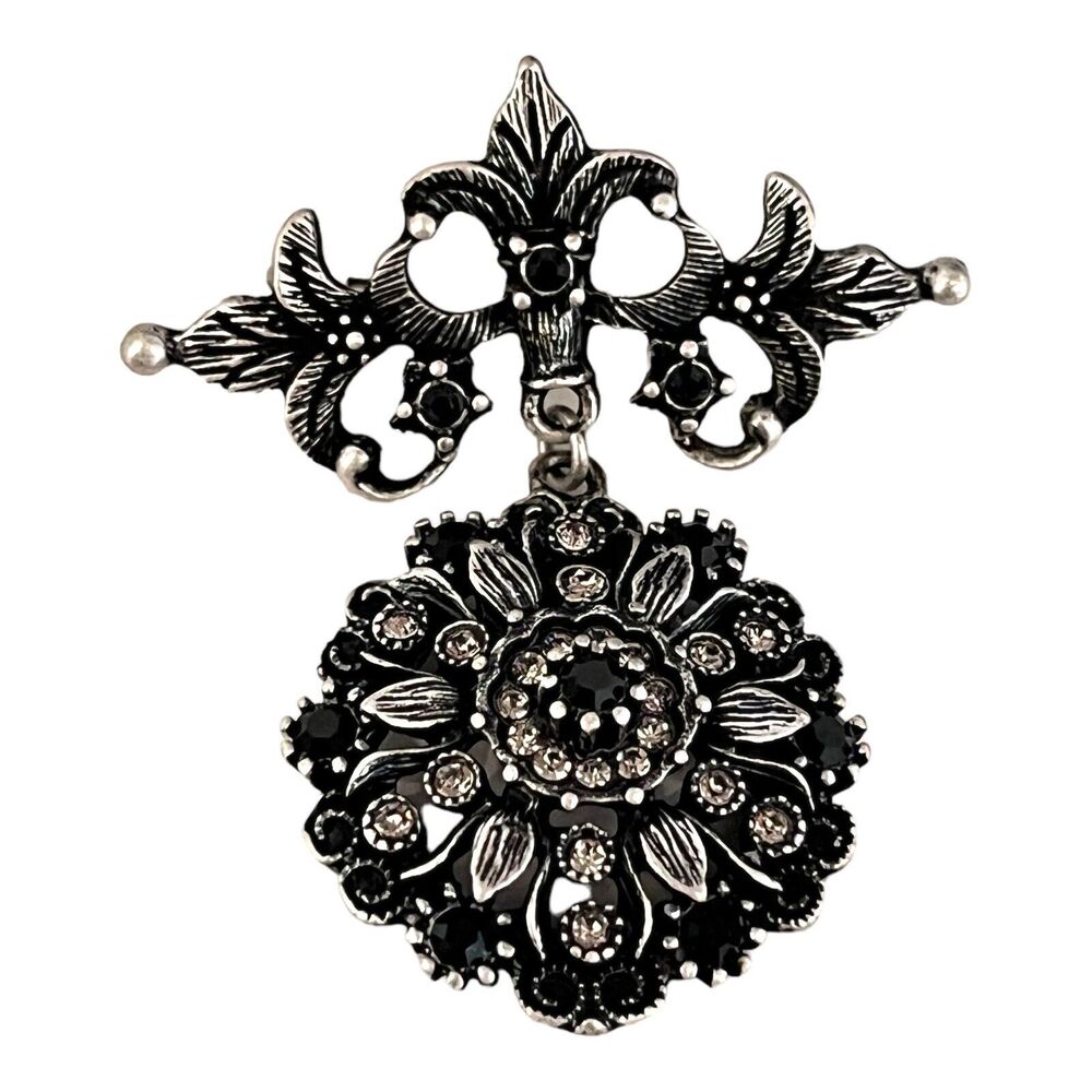 New Antique Silver Tone Pin Hematite and Black Crystals Fleur De Lis - 2H